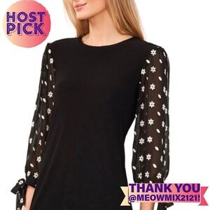 CeCe Puff White Floral Embroidery Elbow Tie Sleeve Rich Black Knit Top Sz XL